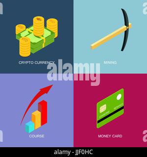 Mining of crypto-currency, isometric set of flat icons Stock Vector