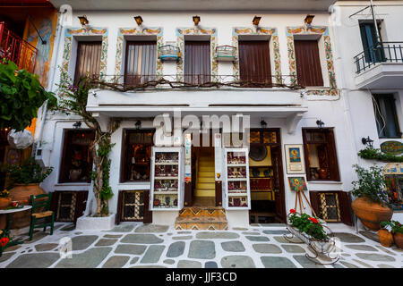 Shops in the old town of Skiathos in Sporades, Greece. Stock Photo