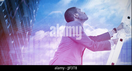 Businessman climbing up ladder against stocks and shares Stock Photo