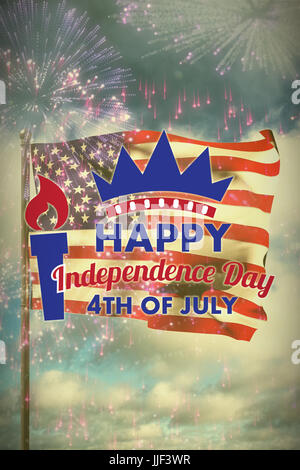 Digitally generated image of Happy independence day text  against colourful fireworks exploding on black background Stock Photo