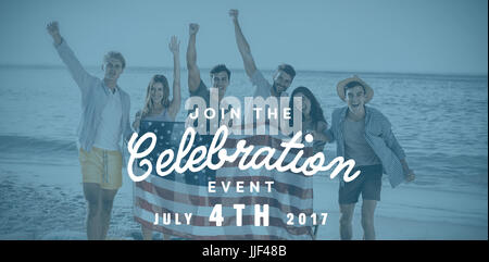 Computer graphic image of independence day message against happy group of friends at the beach Stock Photo