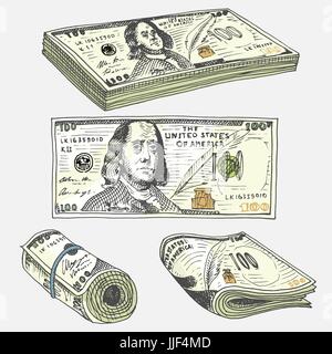 Detailed currency banknotes or american Franklin Green 100 dollars or cash and coin. engraved hand drawn in old sketch style, vintage money bill icons. financial success of US. Bag or purse of gold. Stock Vector