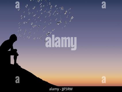 Digital composite of men silhouette sit in the mountain with text coming up from his head Stock Photo