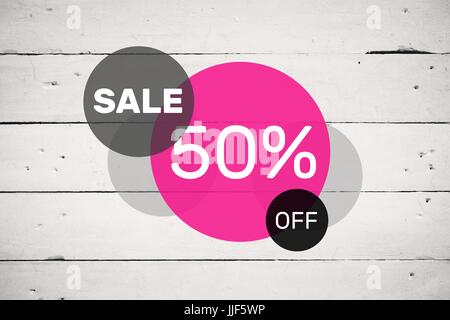 Digital composite of Circular sale graphic on white wood panel Stock Photo
