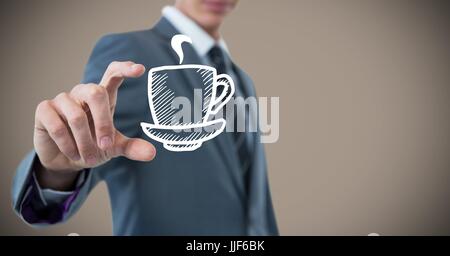 Digital composite of Business man mid section with white coffee doodle between fingers and against brown background Stock Photo