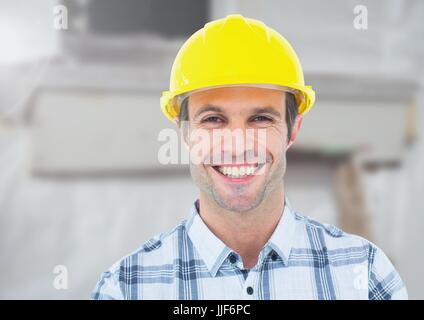 Digital composite of Construction Worker in front of construction site Stock Photo