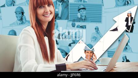 Digital composite of Side view of creative businesswoman using laptop with graphs Stock Photo