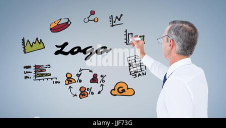 Digital composite of Digital image of businessman with logo text drawing graphs and symbols on blue background Stock Photo