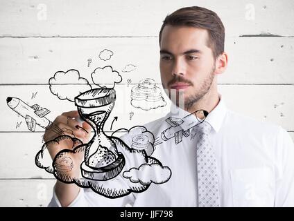 Digital composite of Business man drawing hourglass doodle against white wood panel Stock Photo