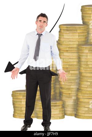 Digital composite of Sad businessman with empty pocket with money with down arrow background Stock Photo
