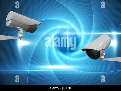 Digital composite of CCTV cameras against blue abstract background Stock Photo