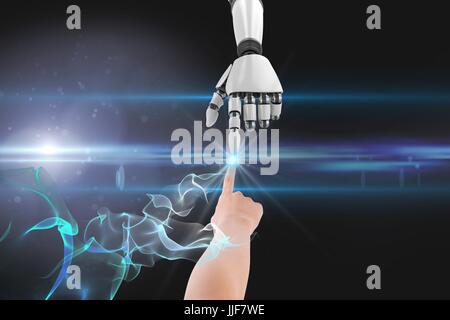 Digital composite of human and robot touching their fingers against black background Stock Photo
