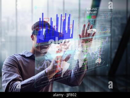 Digital composite of futuristic room interface Man in front of the window with 3D glasses Stock Photo