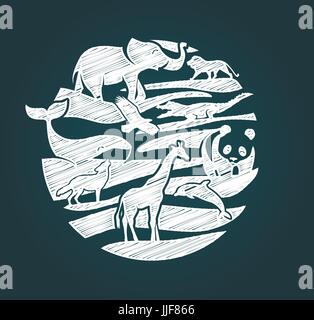 animals icon in the form of a circle as a pencil drawing Stock Vector
