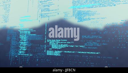 Digital composite of Blue code against blurry mountain Stock Photo