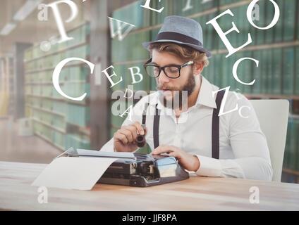 Digital composite of Hipster man  on typewriter with letters in library Stock Photo