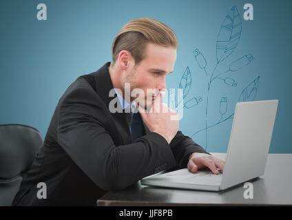 Digital composite of Business man thinking at laptop against blue background with blue leaf graphic Stock Photo