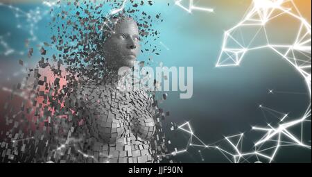 Digital composite of White network and white female AI against blurry blue and red background Stock Photo