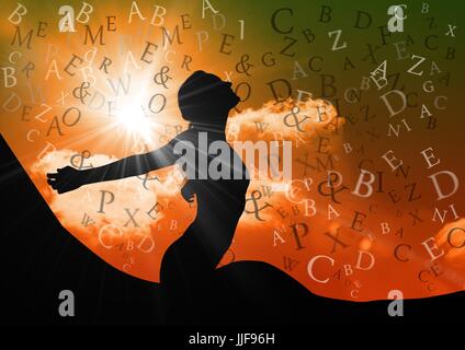 Digital composite of woman silhouette  with text in the sky. Sunny day in the mountain. Stock Photo