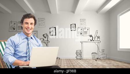Digital composite of Portrait of smiling businessman using laptop against office drawing Stock Photo