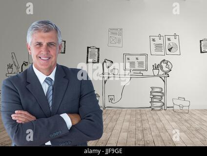 Digital composite of Portrait of confident businessman standing on hardwood floor against office drawings Stock Photo