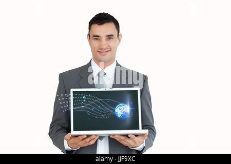 Digital composite of model holding laptop with graphs Stock Photo