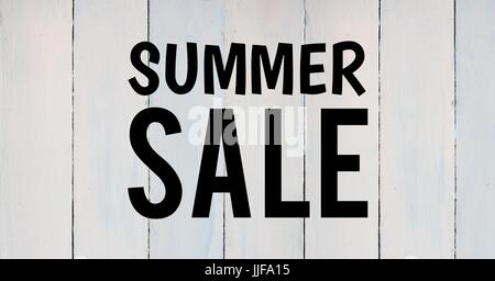 Digital composite of Black summer sale text against white wood panel Stock Photo