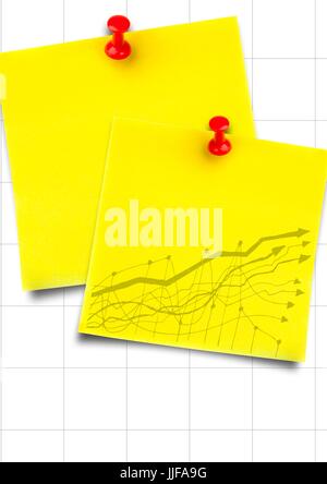 Digital composite of Yellow sticky notes with yellow graph against white graph paper Stock Photo