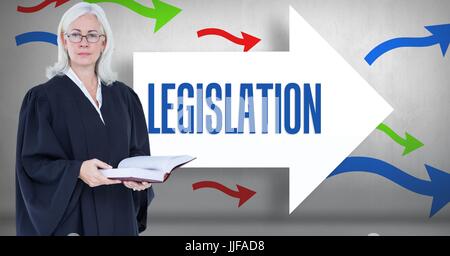 Digital composite of Digital composite image of female lawyer holding book while  standing against legislation text on ar Stock Photo