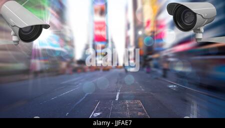 Digital composite of CCTV cameras on road in city Stock Photo