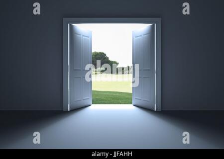 Digital composite of White open doors to the garden Stock Photo