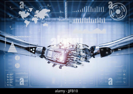 3d rendering robot hand shake with virtual graphic Stock Photo