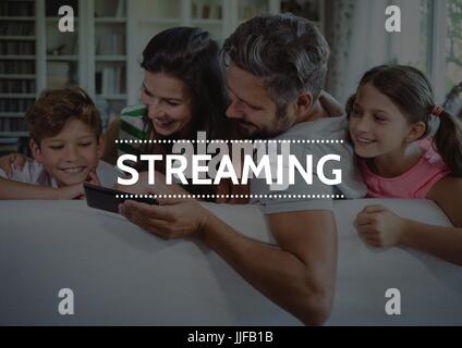 Digital composite of Streaming text against family with tablet and dark overlay Stock Photo