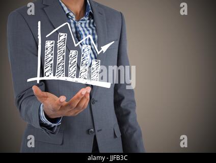 Digital composite of Business man mid section with white graph doodle in hand against brown background Stock Photo