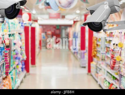 Digital composite of CCTV controlled a blurred supermarket Stock Photo