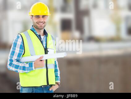Digital composite of Architect with blueprints on building site Stock Photo