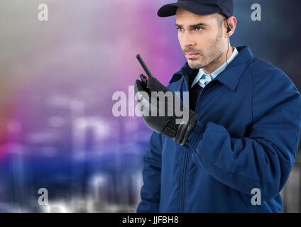 Digital composite of Security guard with walkie talkie against blurry wall with city sketch Stock Photo