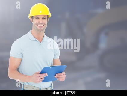 Digital composite of Construction Worker with chart in front of construction site Stock Photo