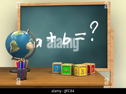 3d illustration of board with math exercise text and math cubes Stock Photo