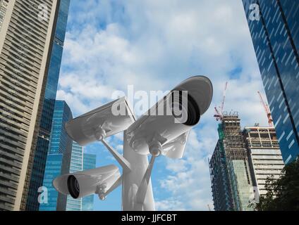 Digital composite of the top of the CCTV stick control buildings Stock Photo