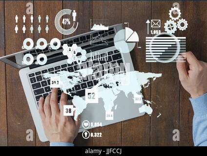 Digital composite of Composite image of hands of businessman working on a laptop and scriptures Stock Photo