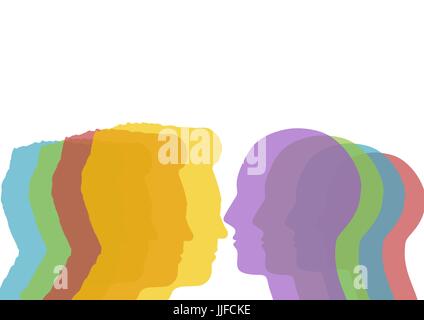Digital composite of two men silhouettes in different colors looking each other. Stock Photo
