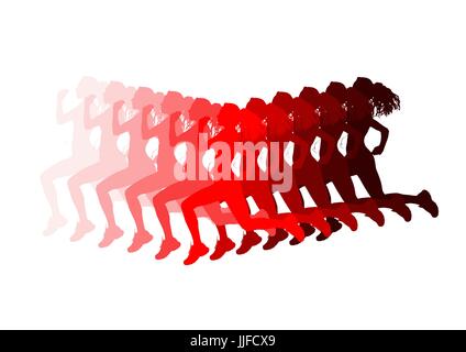 Digital composite of Woman running silhouettes in range of reds. White background Stock Photo