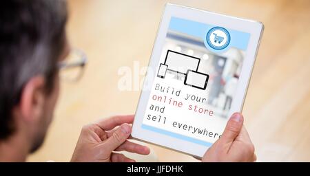 Digital composite of Cropped image of man looking at text on digital tablet Stock Photo
