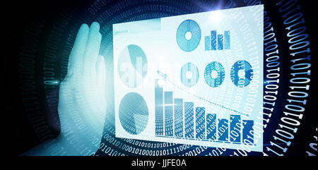 Cropped hand gesturing against spiral of shiny binary code Stock Photo