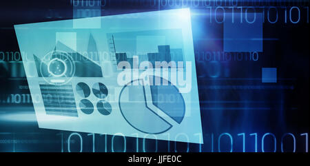 Blue graphics on white background against blue technology design with binary code Stock Photo