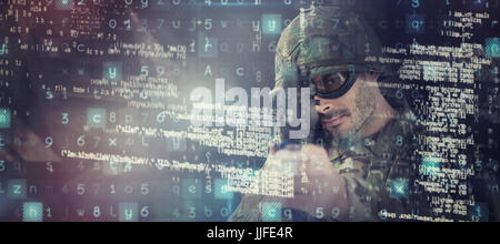 Portrait of soldier aiming with rifle against wheat farm Stock Photo ...