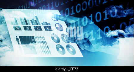 Businessman hand pointing finger against clouds around binary codes Stock Photo