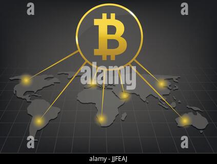 Golden Bitcoin signs on the World map. Bitcoin cryptocurrency digital payment system Stock Vector