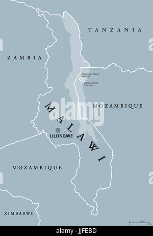 Malawi political map with capital Lilongwe. Republic. Landlocked country in Southeast Africa. Formerly Nyasaland. With Lake Malawi. Stock Photo